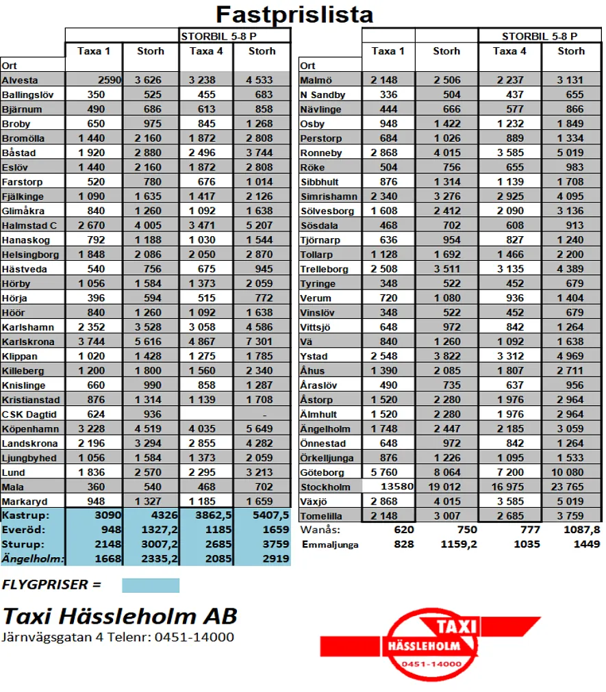 Taxi Hässleholms prislista